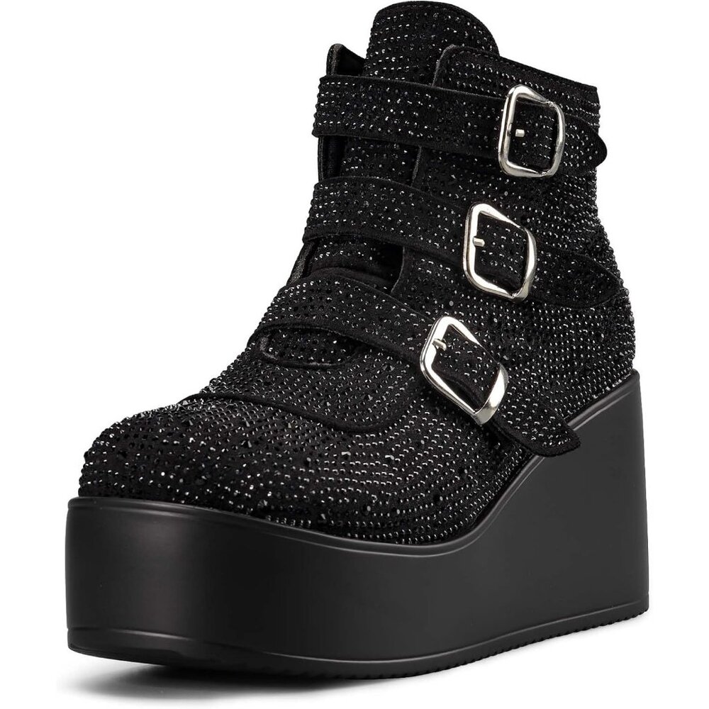 Women Black Rhinestone Polyurethane Buckle Thick Sole Platform Ankle Boots